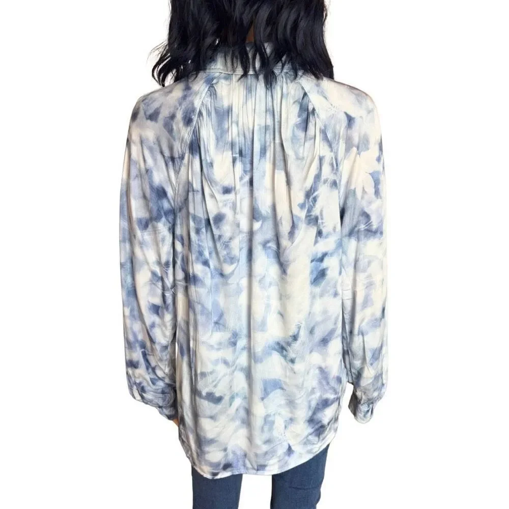 NWT Bella Dahl Blue Indigo Petal Print Button Down Shirt Small Ecovera Viscose